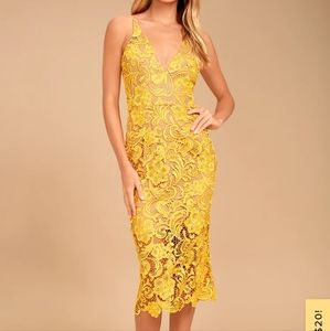 Dress the Population Marie Yellow Lace Midi Dress medium lulus